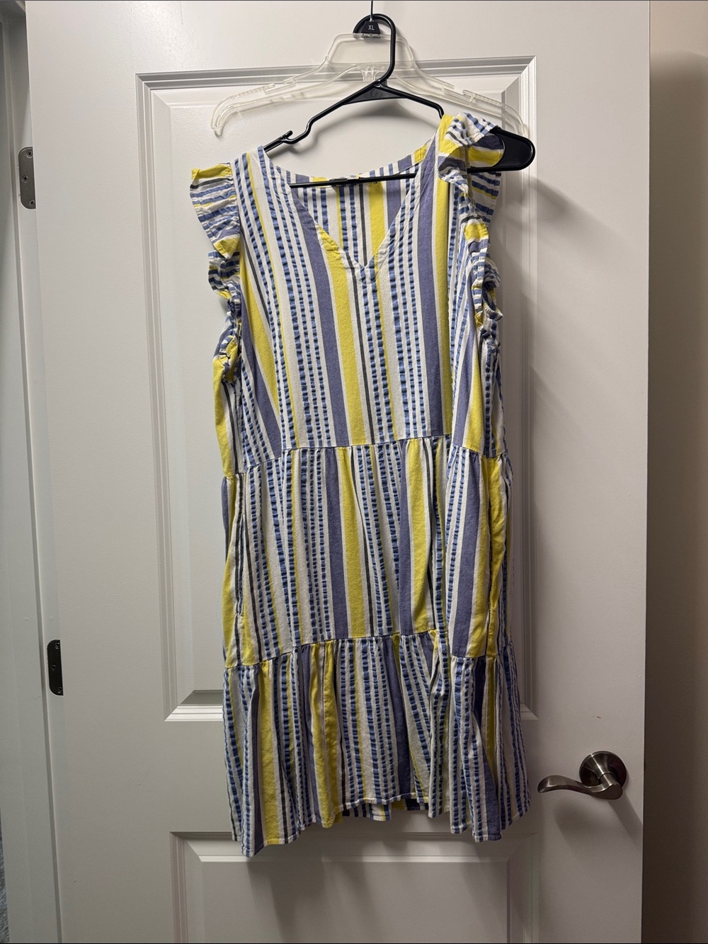 LOFT Yellow and Blue Striped Tiered Midi Dress